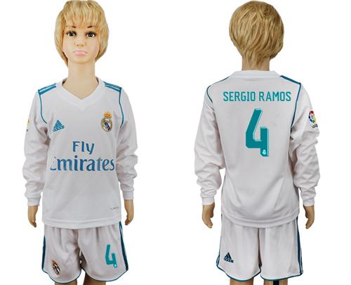 Real Madrid #4 Sergio Ramos Home Long Sleeves Kid Soccer Club Jersey - Click Image to Close